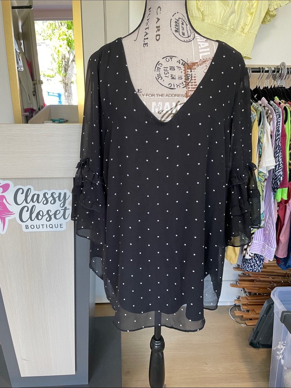 torrid Black Polka Dot V-Neck Ruffle Sleeve Blouse
